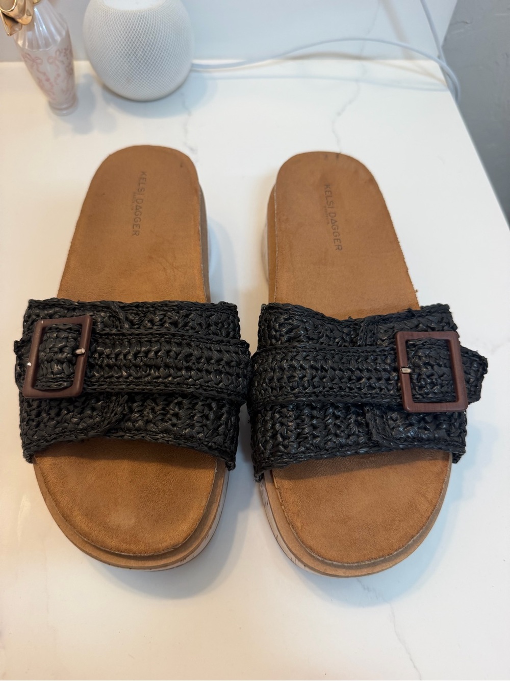 Kelsi Dagger Brooklyn Black Raffia Buckle Slide Sandals Women’s Size 9 Cork Plat
